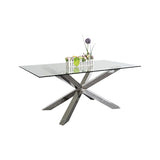 Dining Table in Crisscross Shaped High Glossy Stainless Steel Base with 12mm Tempered Glass Top