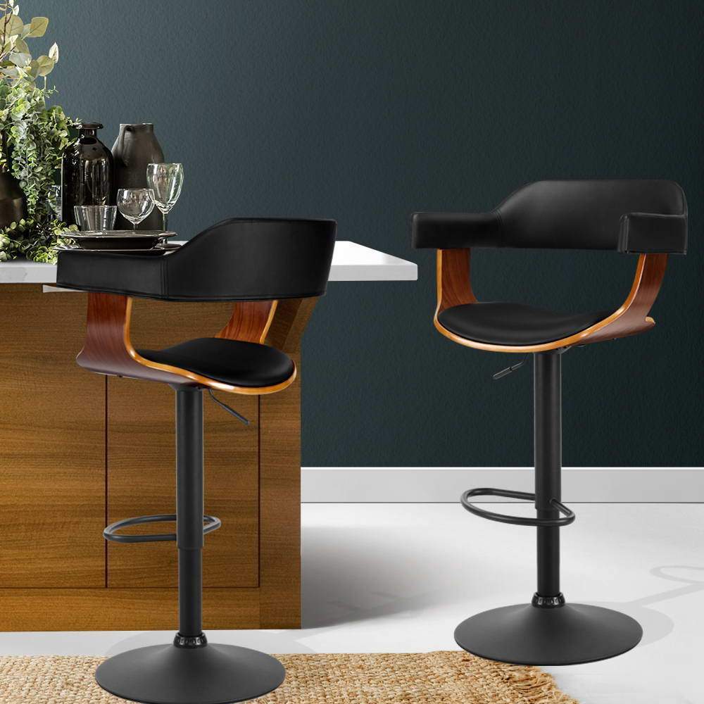 1 x Wooden Bar Stools Kitchen Swivel Gas Lift Bar Stool Chairs Leather Black - BSR