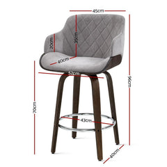 1x Kitchen Bar Stools Wooden Bar Stool Chairs Swivel Velvet Fabric Grey - BSR