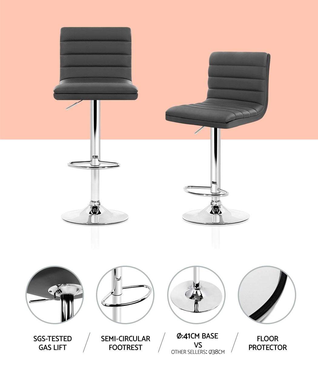 Set of 2 Gas lift Bar Stools Swivel Kitchen Chairs PU Leather Chrome Grey - BSR