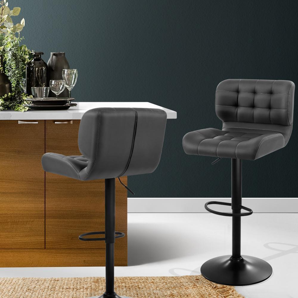 Set of 2 Kitchen Bar Stools Gas Lift Bar Stool Chairs Swivel PU Leather Black Grey - BSR