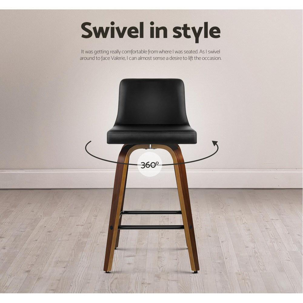 Set of 2 Kitchen Wooden Bar Stools Swivel Bar Stool Chairs PU Leather Luxury Black - BSR