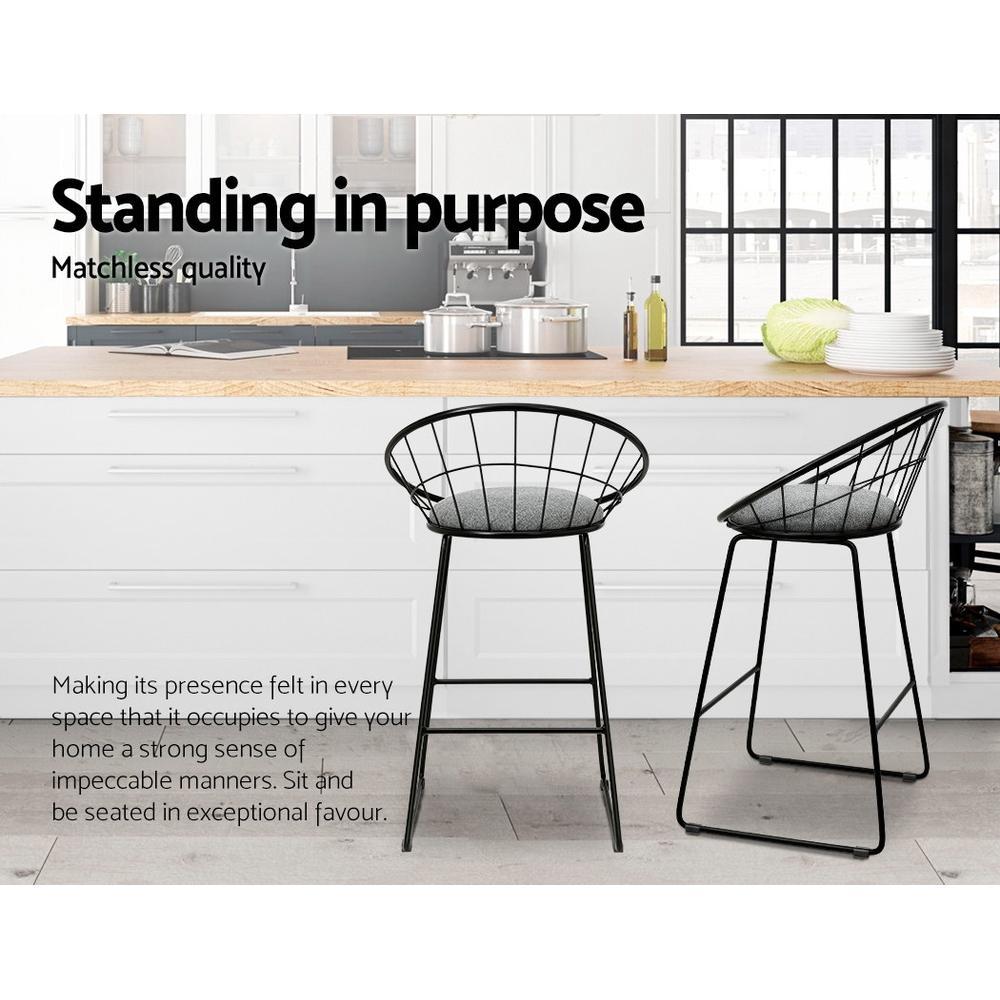 Set of 2 Nordic Bar Stools Metallic Bar Stool Kitchen Fabric Grey Black - BSR