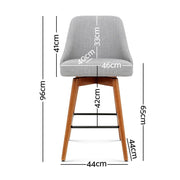 Set of 2 Wooden Bar Stools Swivel Bar Stool Kitchen Cafe Fabric Light Grey - BSR