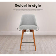 Set of 2 Wooden Bar Stools Swivel Bar Stool Kitchen Cafe Fabric Light Grey - BSR