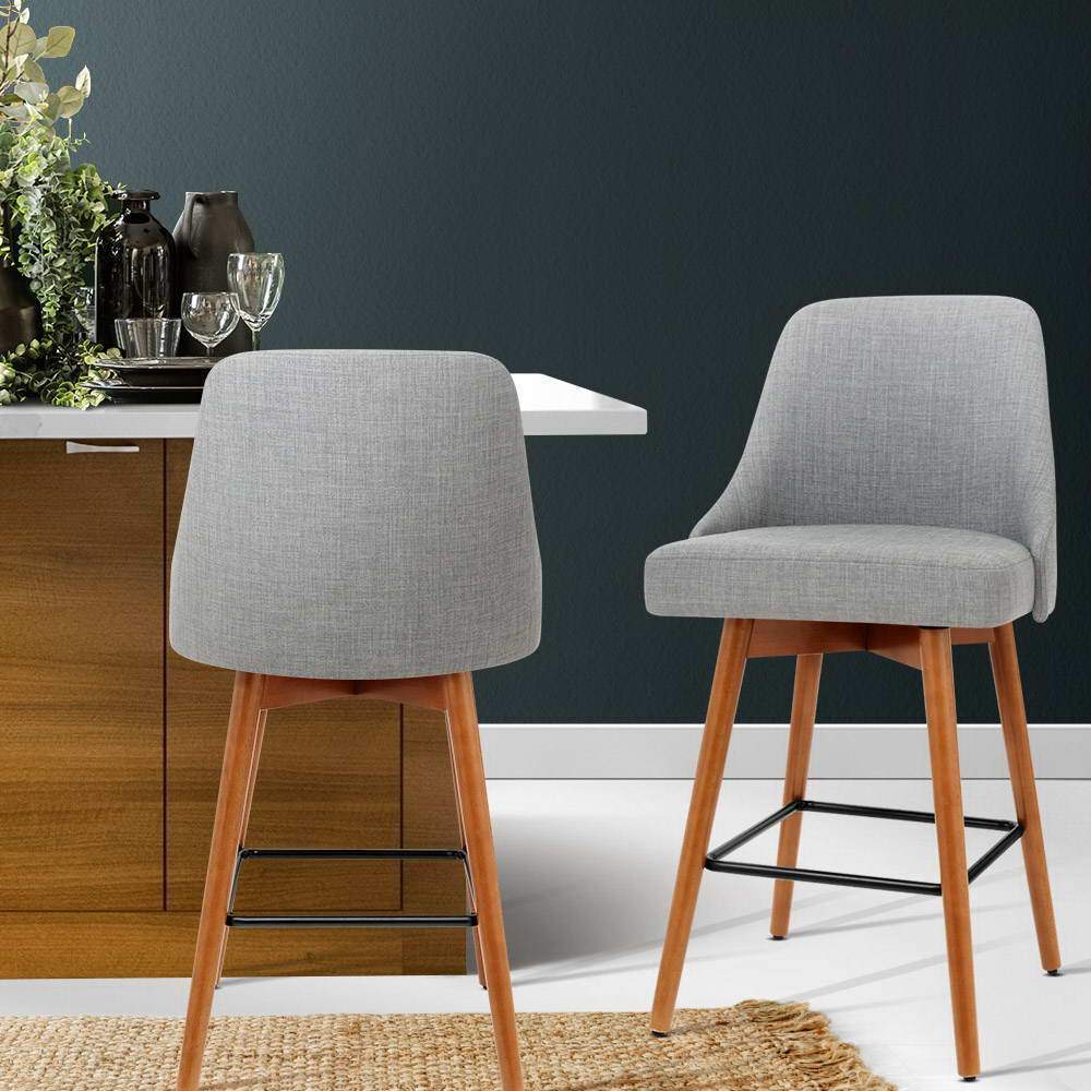 Set of 2 Wooden Bar Stools Swivel Bar Stool Kitchen Cafe Fabric Light Grey - BSR
