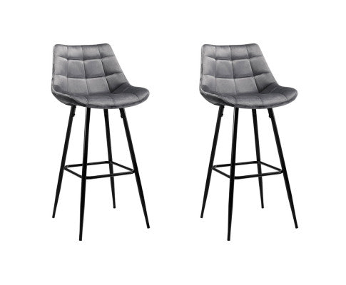 Set of 2 Kitchen Bar Stools Velvet Bar Stool Counter Chairs Metal Barstools Grey