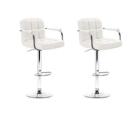 Set of 2 Bar Stools Gas lift Swivel Chairs Kitchen Armrest PU Leather Chrome White