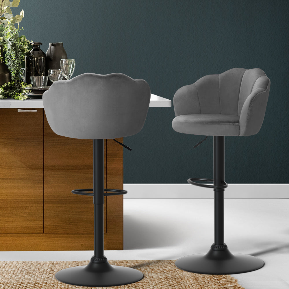 Nessa Velvet Gas-Lift Swivel Kitchen Bar Stool Set of 2 – Grey