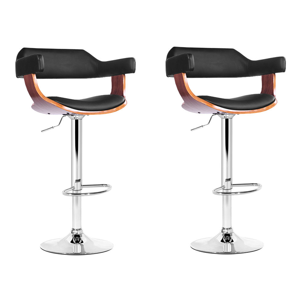 Selina PU Leather Gas-Lift Swivel Kitchen Bar Stool Set of 2 – Black & Wood