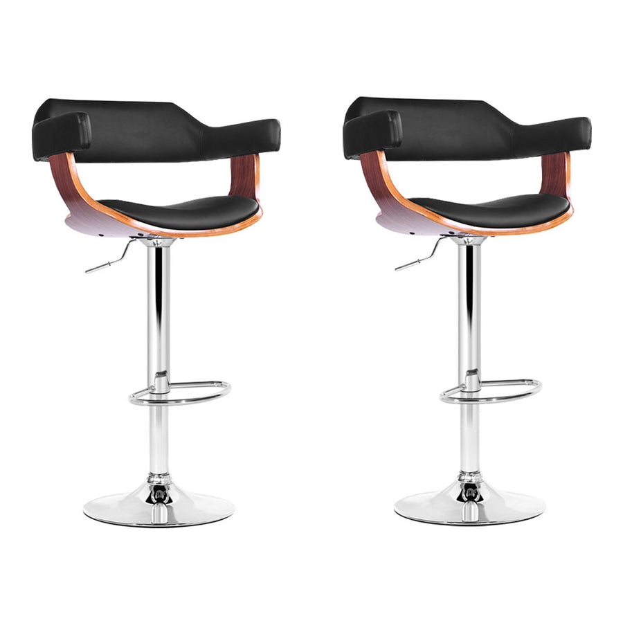Selina PU Leather Gas-Lift Swivel Kitchen Bar Stool Set of 2 – Black & Wood