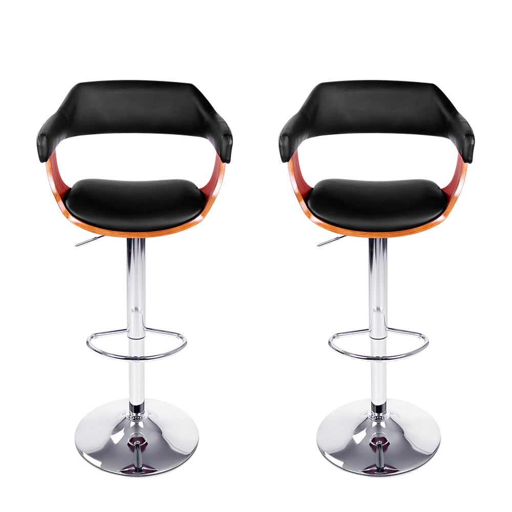 Selina PU Leather Gas-Lift Swivel Kitchen Bar Stool Set of 2 – Black & Wood