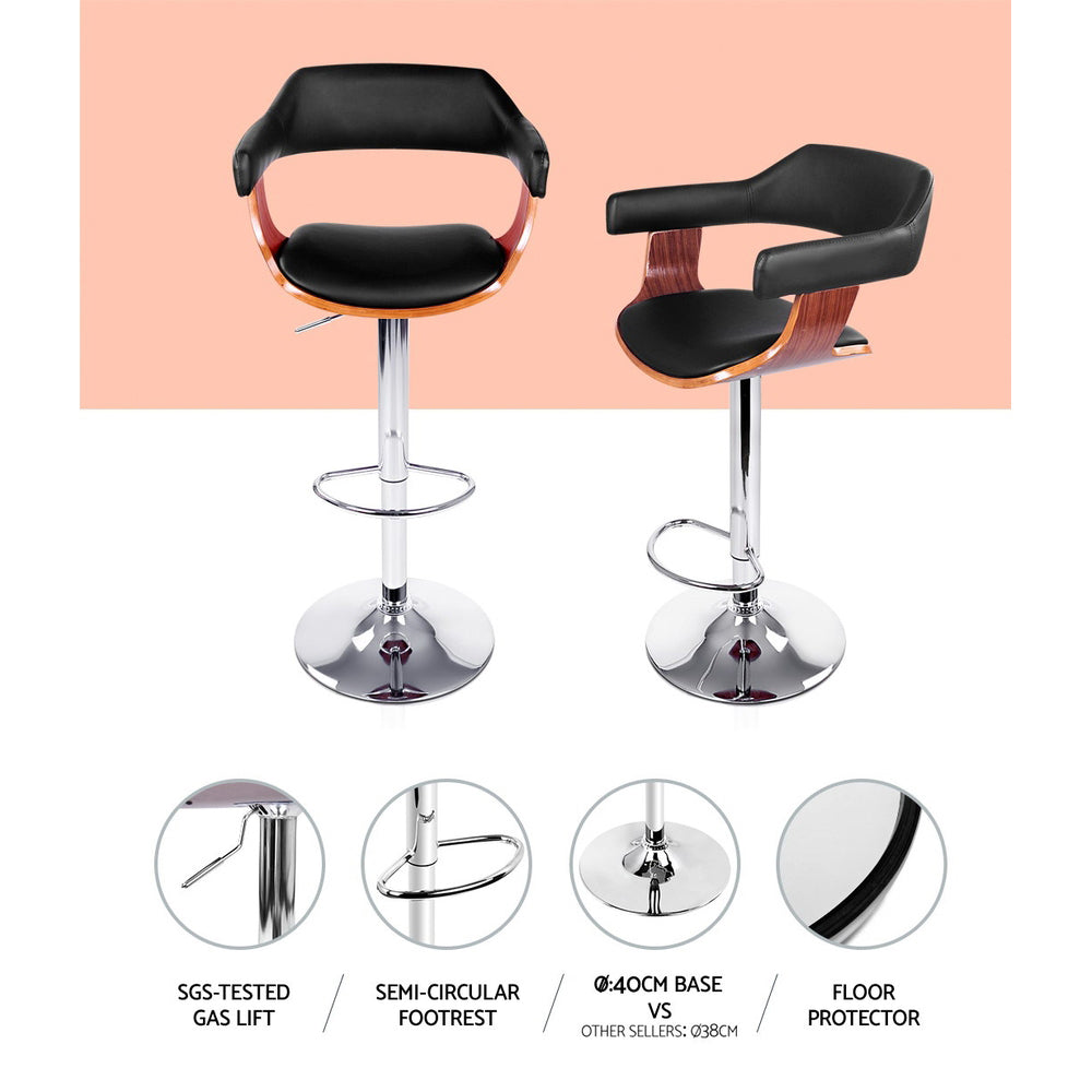 Selina PU Leather Gas-Lift Swivel Kitchen Bar Stool Set of 2 – Black & Wood