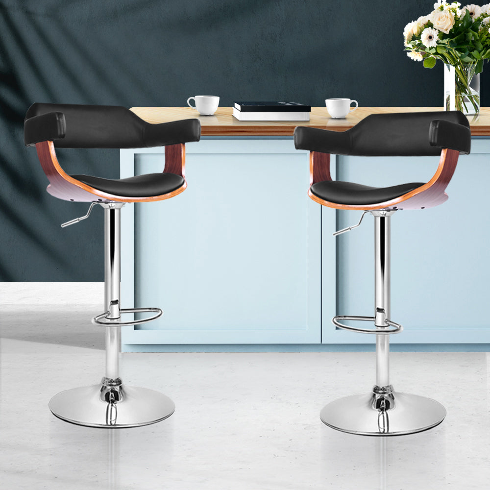 Selina PU Leather Gas-Lift Swivel Kitchen Bar Stool Set of 2 – Black & Wood