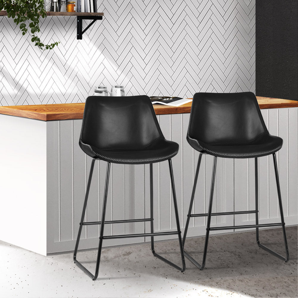 Artiss Set of 2 Bar Stools Kitchen Metal Bar Stool Dining Chairs PU Leather Black