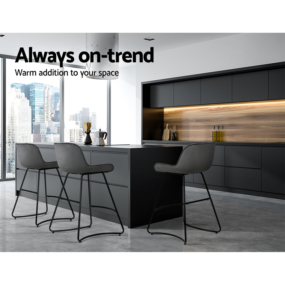 Flavian Velvet Kitchen Bar Stool Set of 2 – Grey