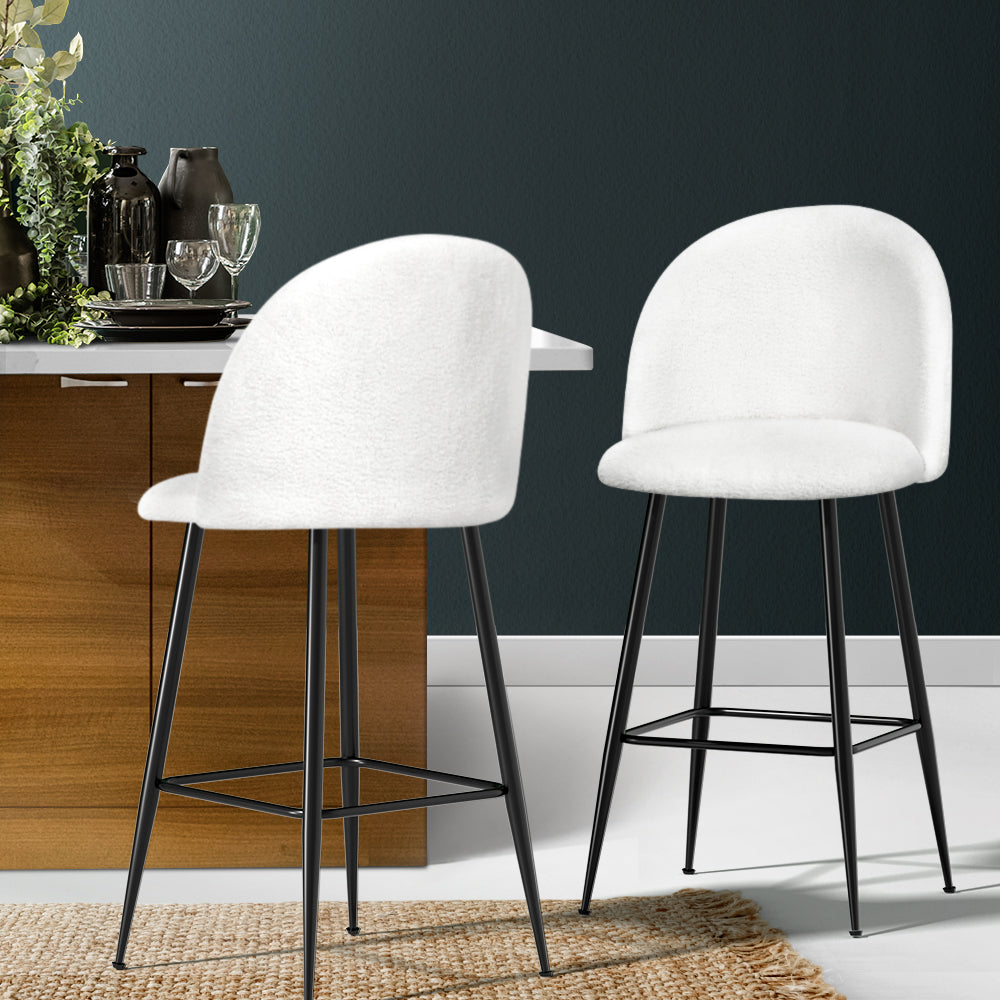 Fenille Bouclé Fabric Kitchen Bar Stool Set of 2 – White