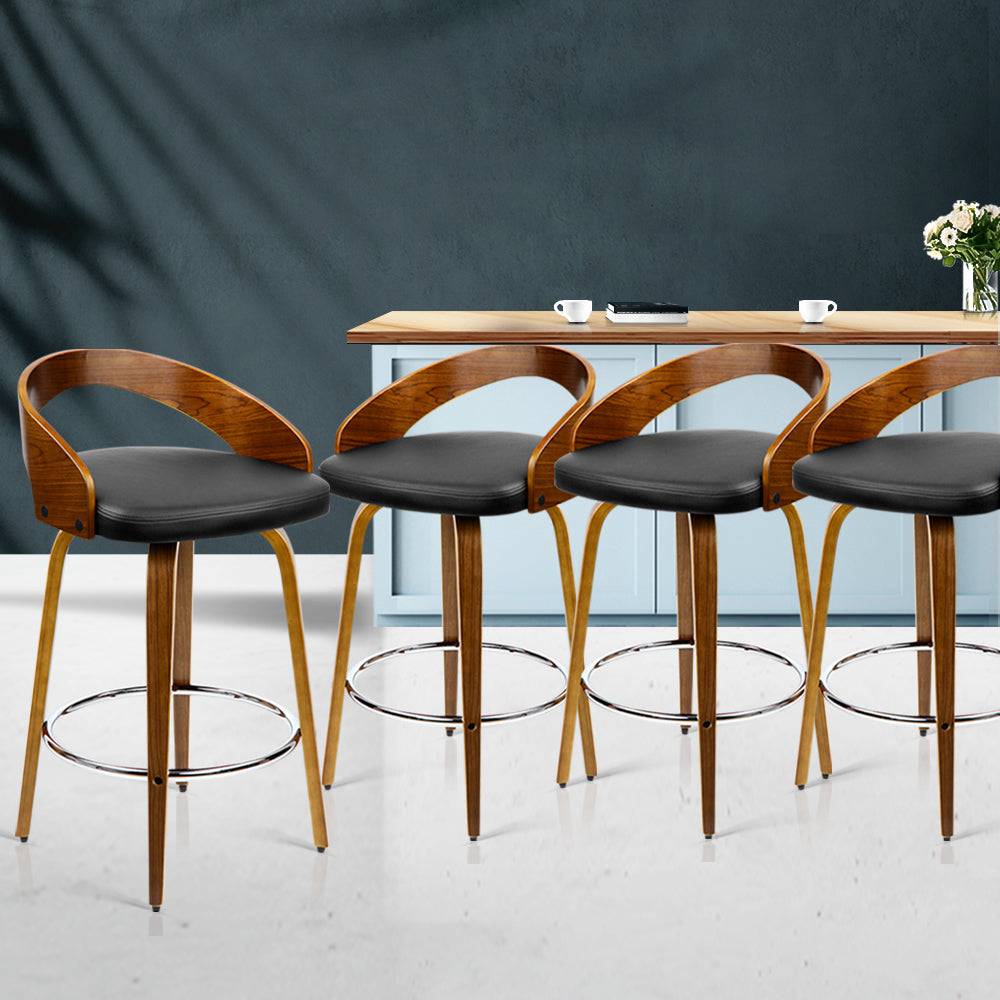 Walden PU Leather Wooden Swivel Kitchen Bar Stool Set of 4 – Black