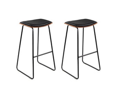 Set of 2 PU Leather Backless Bar Stools - Black