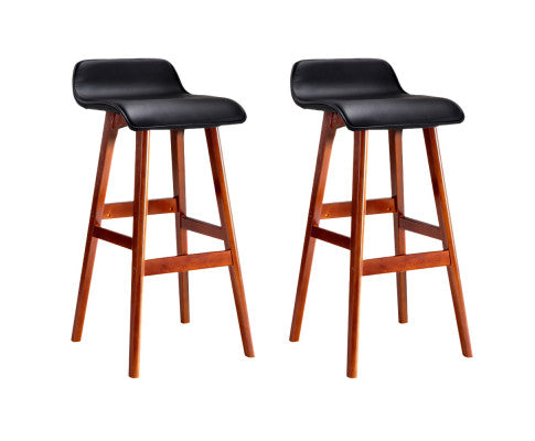 Set of 2 PU Leather and Wood Bar Stool - Black