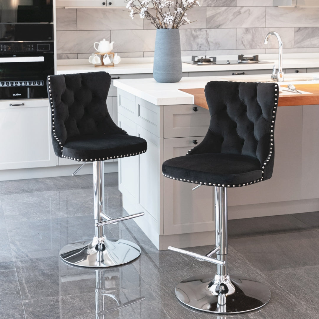 Calista Velvet Gas-Lift Swivel Bar Stool Set of 2 – Black