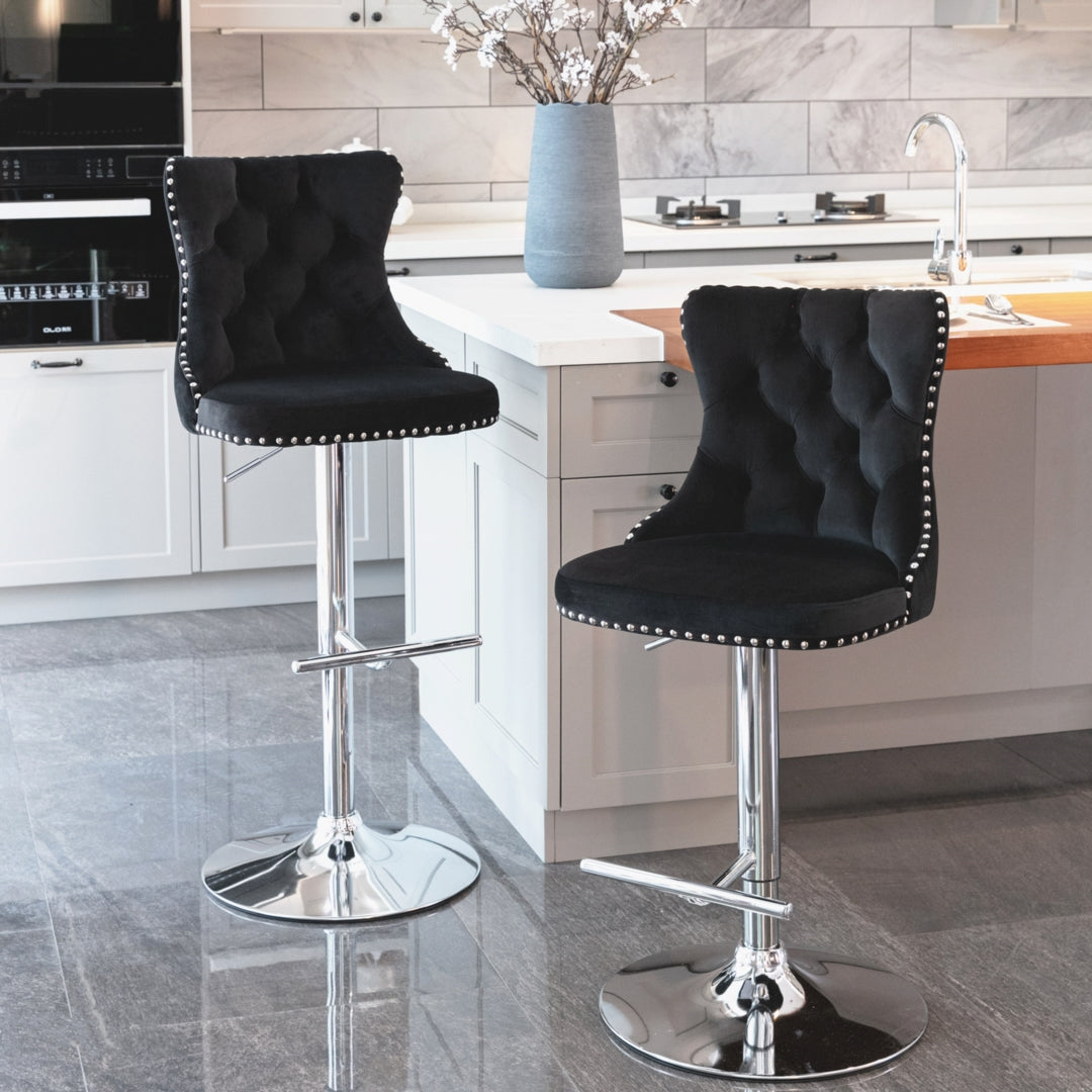 Calista Velvet Gas-Lift Swivel Bar Stool Set of 2 – Black