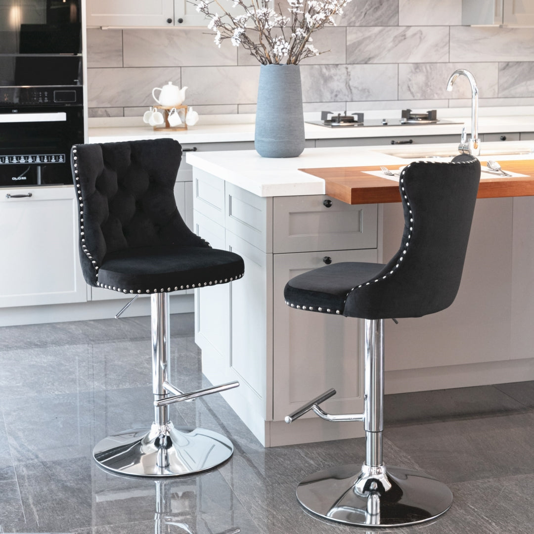 Calista Velvet Gas-Lift Swivel Bar Stool Set of 2 – Black