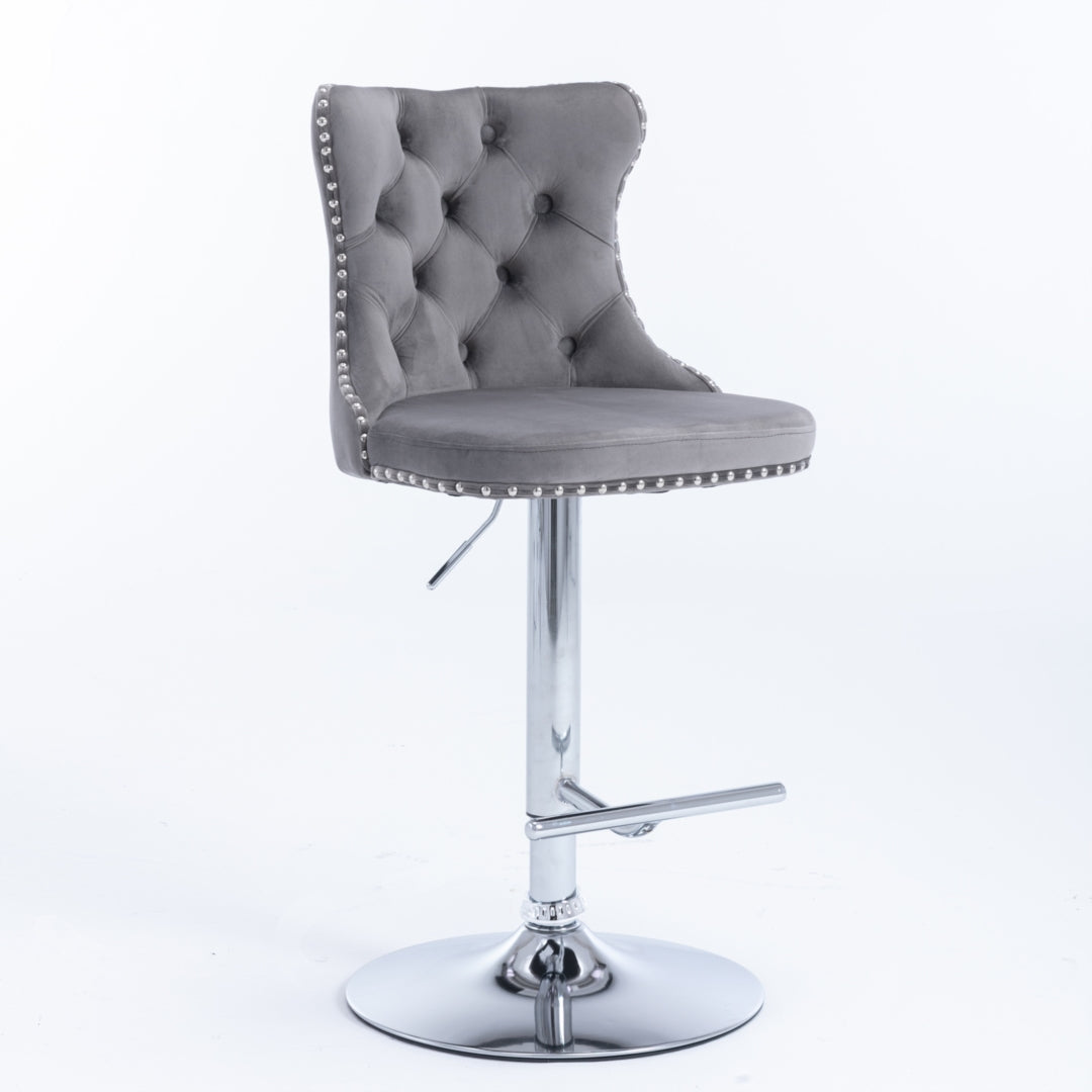Gray Velvet Gas-Lift Swivel Bar Stool Set of 2 – Grey