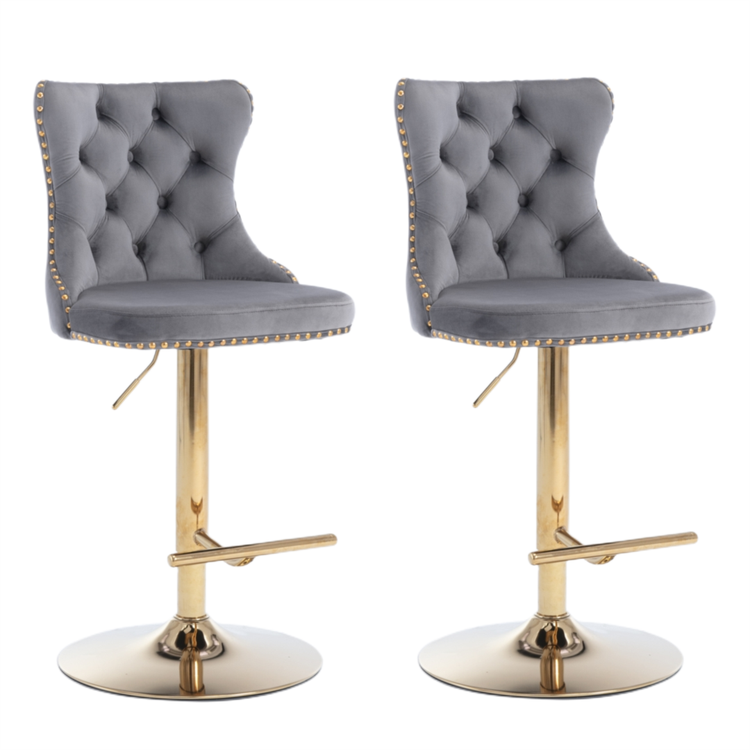 Stylish Velvet Gas-Lift Swivel Bar Stool Set of 2 – Grey