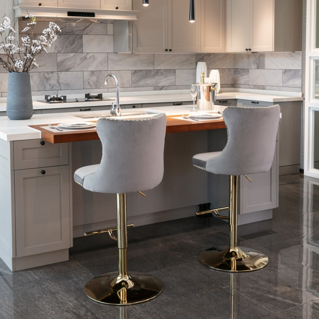 Stylish Velvet Gas-Lift Swivel Bar Stool Set of 2 – Grey