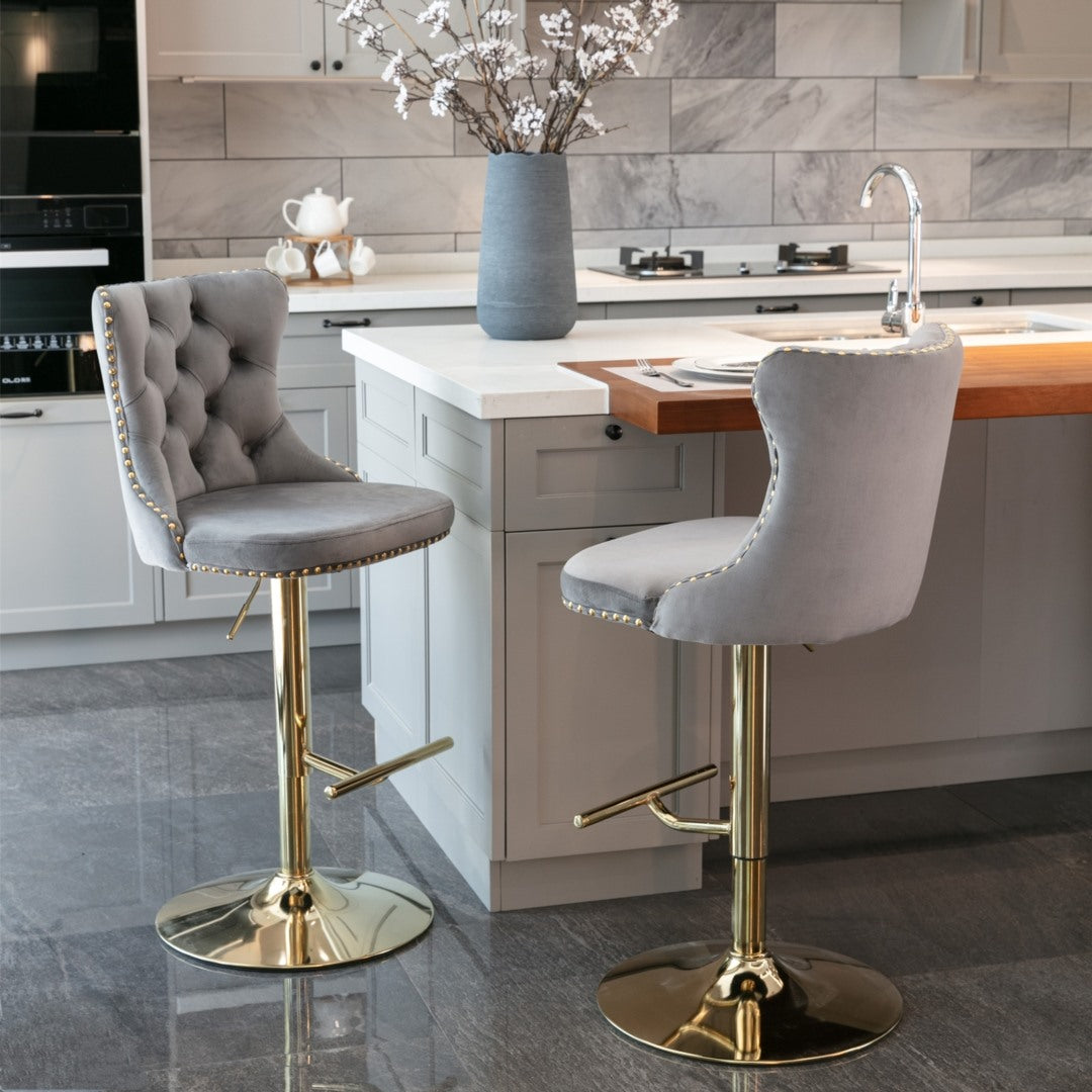 Stylish Velvet Gas-Lift Swivel Bar Stool Set of 2 – Grey