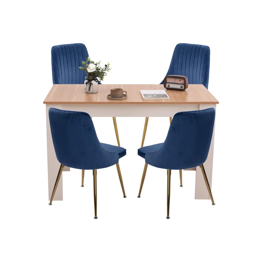 Natural Rectangular Wooden Table with Navy Velvet Chairs Dining Set