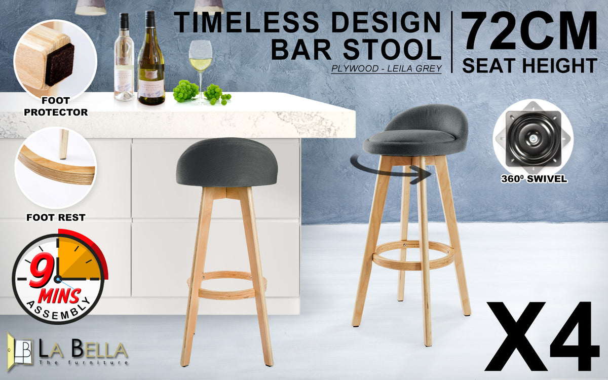 Leila Fabric Swivel Bar Stool Set of 4 – Grey
