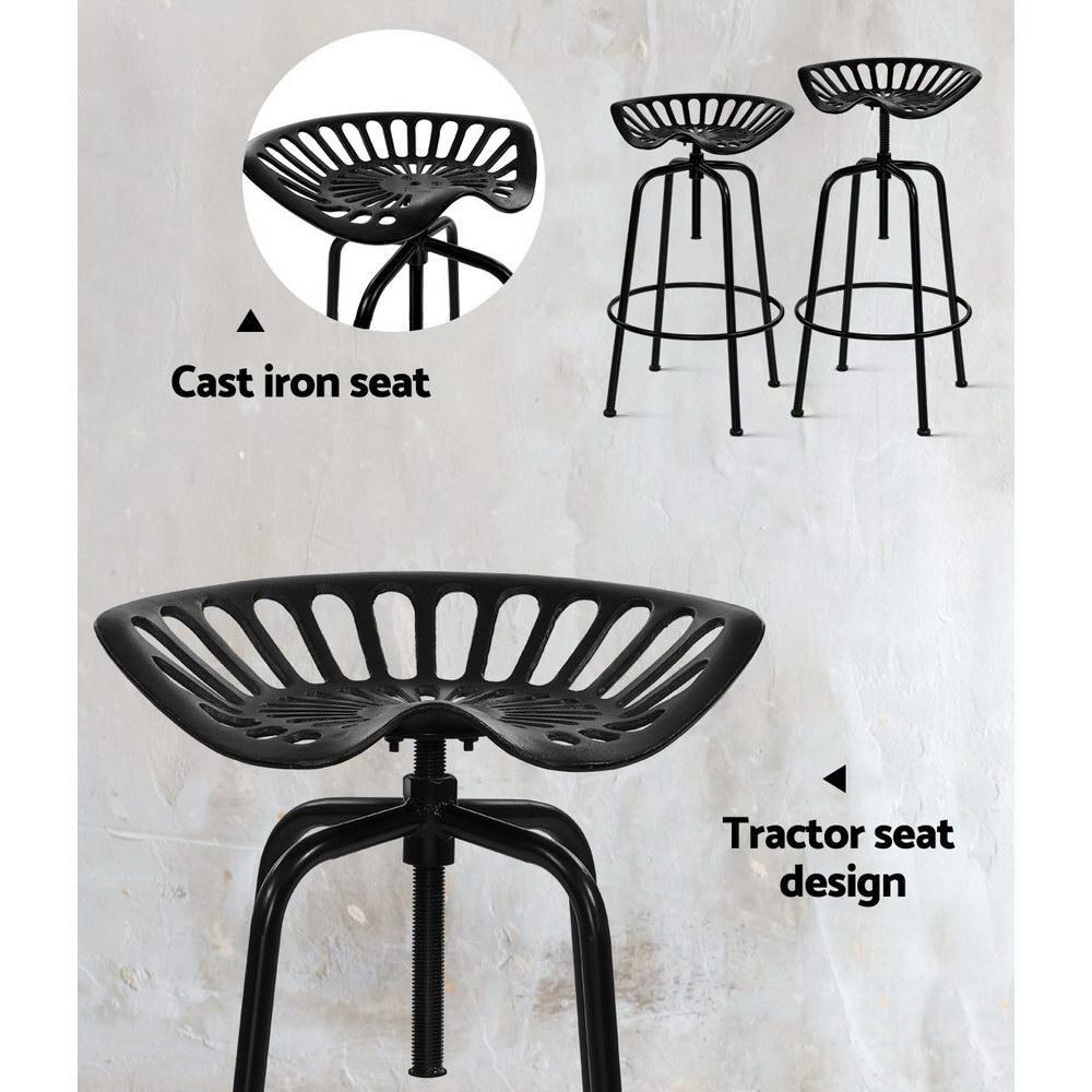 1x Kitchen Bar Stools Tractor Stool Chairs Industrial Vintage Retro Swivel Barstools Metal Black - BSR