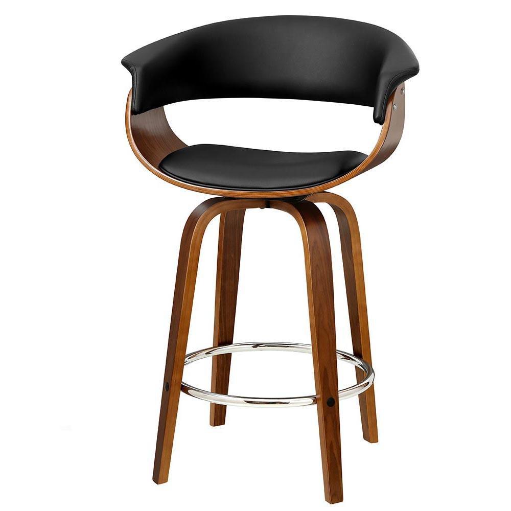 1x Swivel Bar Stools Wooden Bar Stool Kitchen Leather Black - BSR