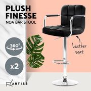 Set of 2 Bar Stools Gas lift Swivel Chairs Kitchen Armrest PU Leather Chrome Black - BSR