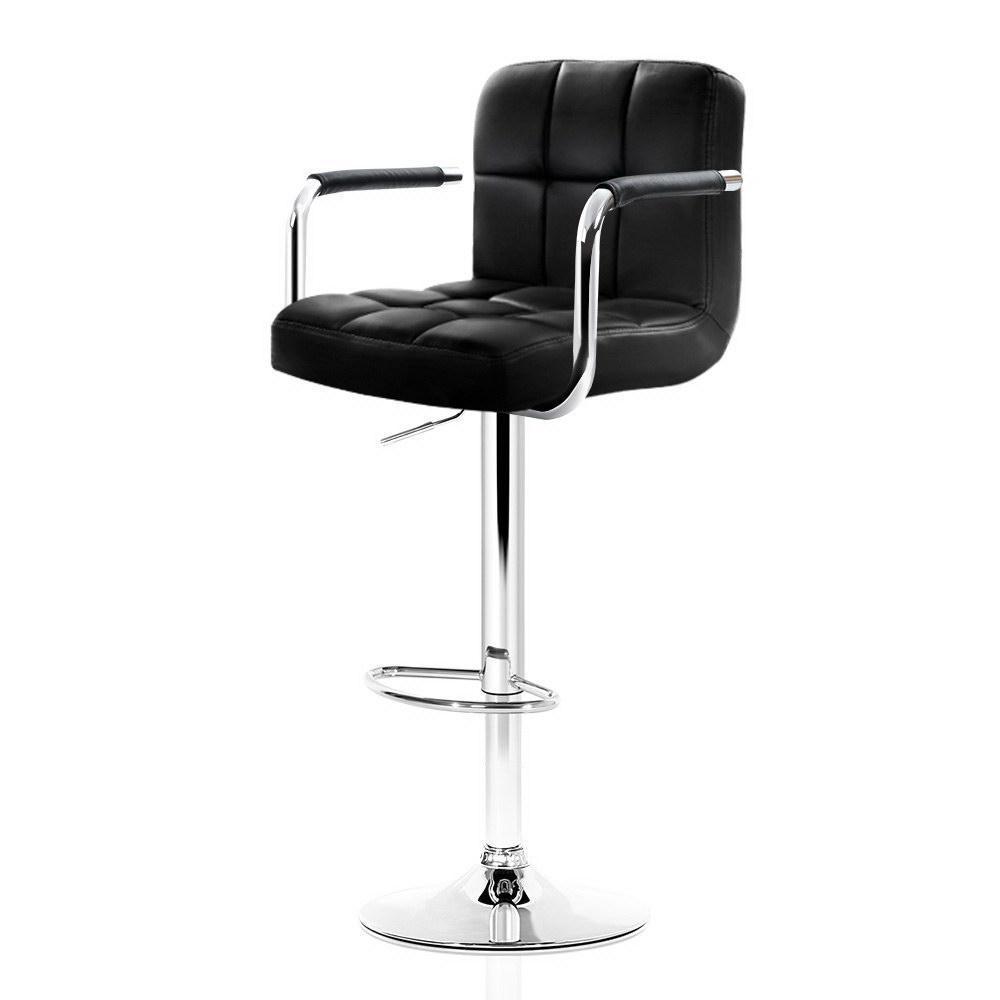 Set of 2 Bar Stools Gas lift Swivel Chairs Kitchen Armrest PU Leather Chrome Black - BSR
