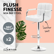 Set of 2 Bar Stools Gas lift Swivel Chairs Kitchen Armrest PU Leather Chrome White - BSR