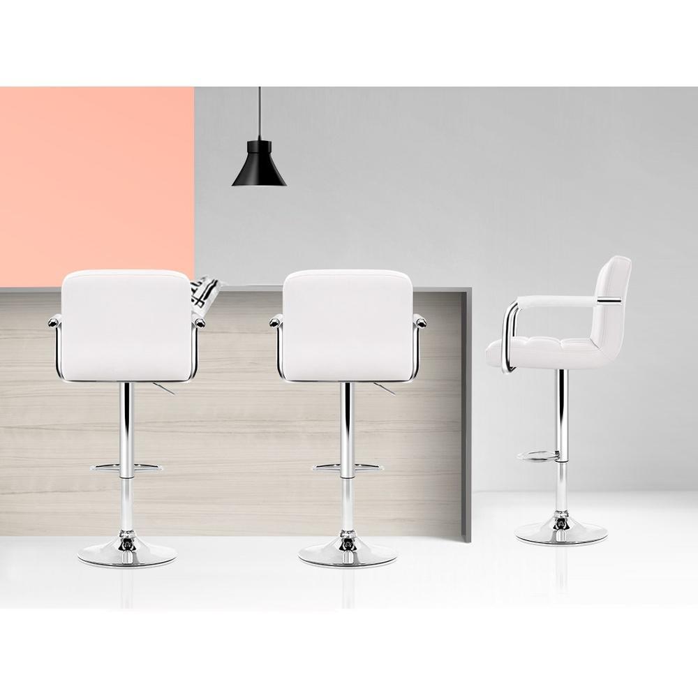 Set of 2 Bar Stools Gas lift Swivel Chairs Kitchen Armrest PU Leather Chrome White - BSR