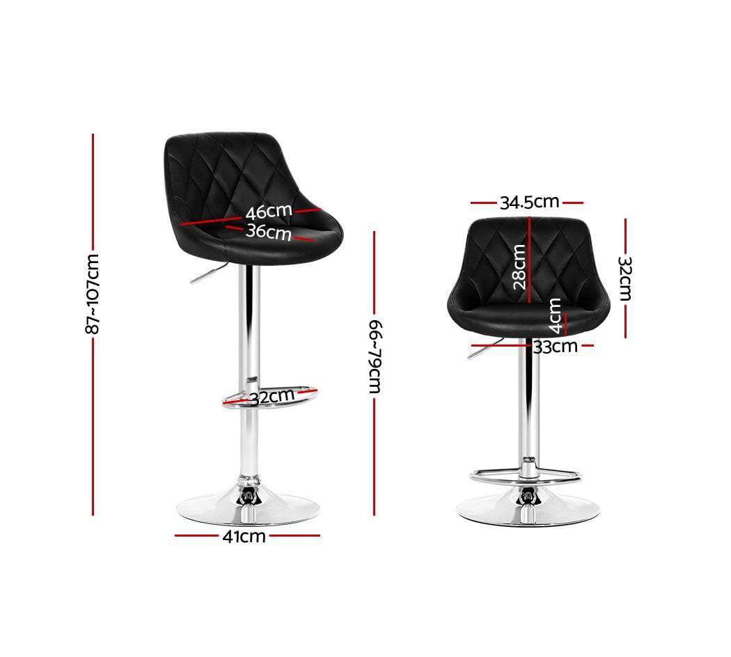 Set of 2 Bar Stools Kitchen Gas Lift Swivel Chairs PU Leather Chrome Black - BSR