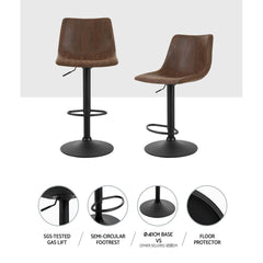 Set of 2 Kitchen Bar Stools Gas Lift Bar Stool Chairs Swivel Vintage PU Leather Brown Black Coated Legs - BSR