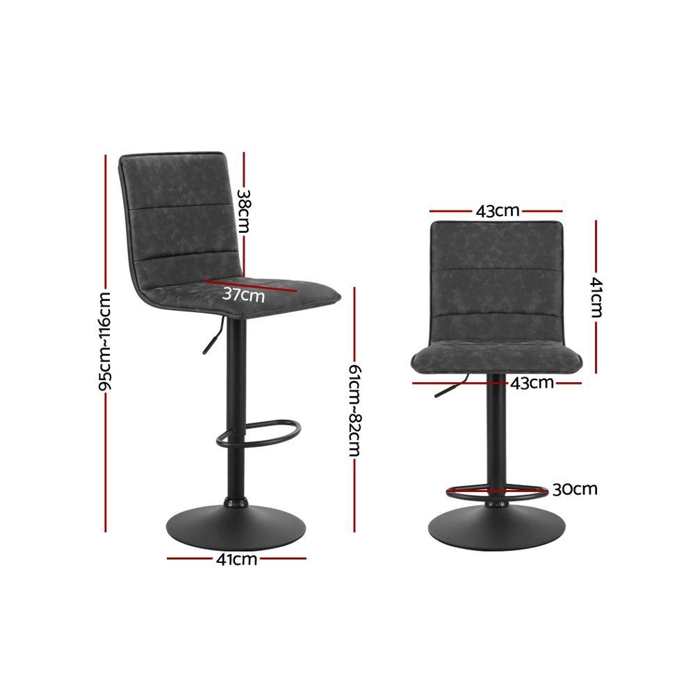 Set of 2 Kitchen Bar Stools Gas Lift Bar Stool Chairs Swivel Vintage PU Leather Grey Black Coated Legs - BSR