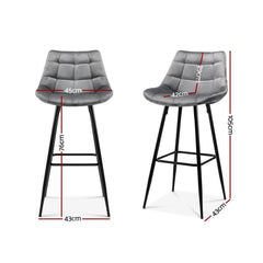 Set of 2 Kitchen Bar Stools Velvet Bar Stool Counter Chairs Metal Barstools Grey - BSR