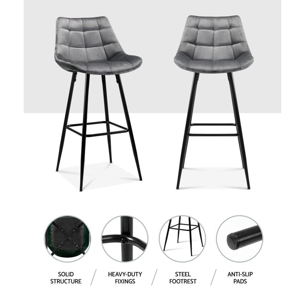 Set of 2 Kitchen Bar Stools Velvet Bar Stool Counter Chairs Metal Barstools Grey - BSR