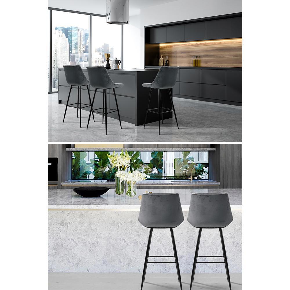 Set of 2 Kitchen Bar Stools Velvet Bar Stool Counter Chairs Metal Barstools Grey - BSR