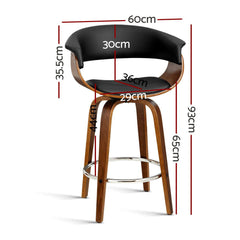 Set of 2 Bar Stools Wooden Bar Stool Swivel Kitchen Dining Chairs PU Leather Black - BSR