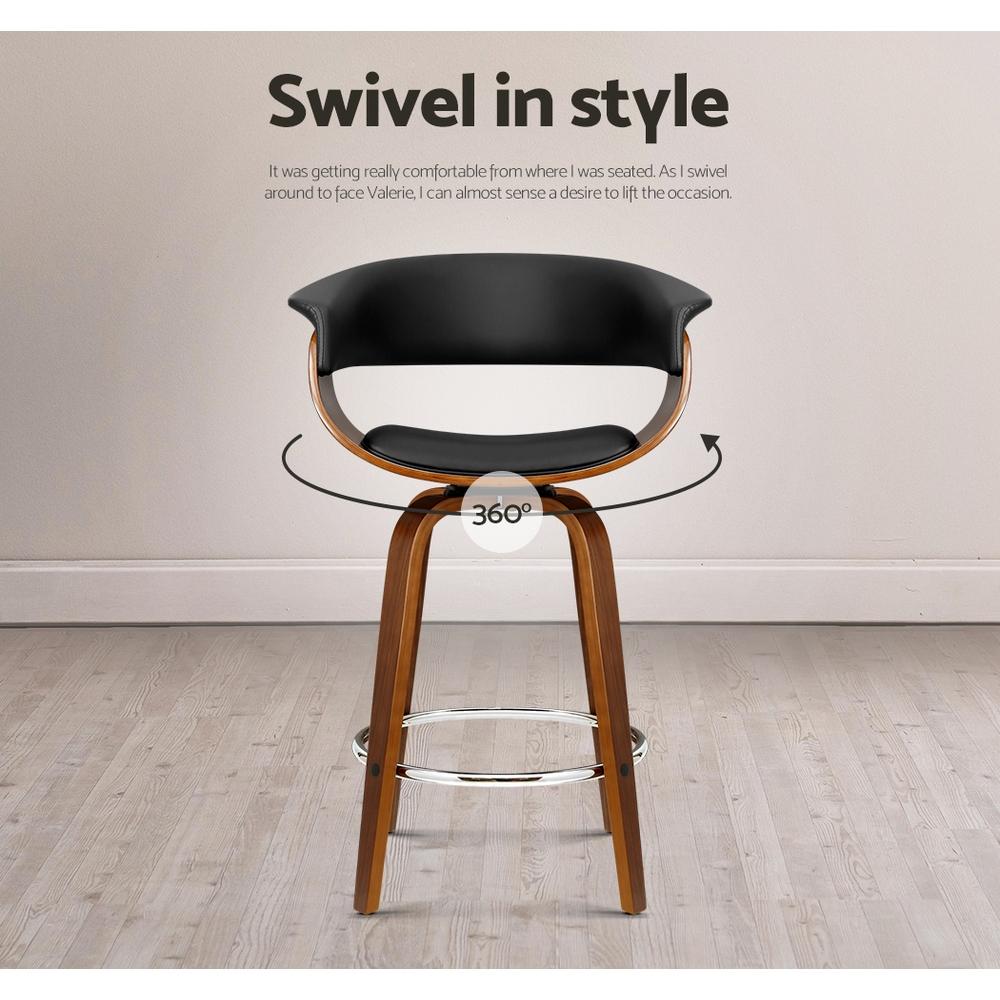 Set of 2 Bar Stools Wooden Bar Stool Swivel Kitchen Dining Chairs PU Leather Black - BSR