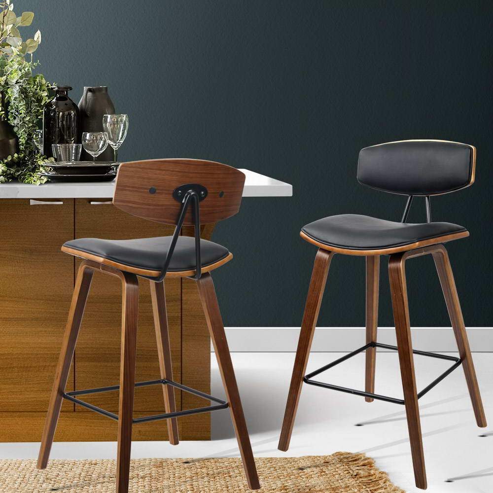 Set of 2 PU Leather Bar Stools - Black - BSR