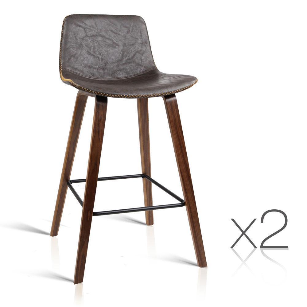 Set of 2 PU Leather Bar Stools - Walnut - BSR