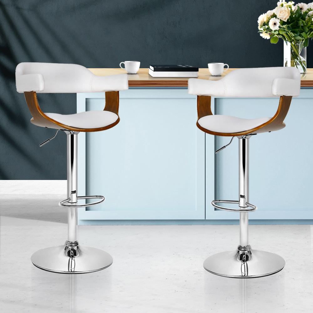 Set of 2 Wooden Bar Stools SELINA Kitchen Swivel Bar Stool Chairs PU Leather White - BSR